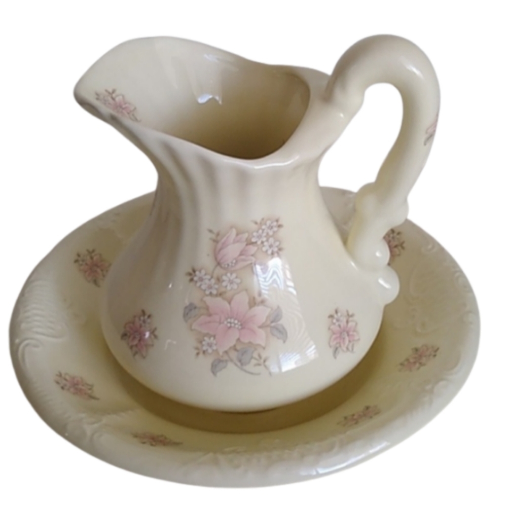 Vintage ATHENA California Small Floral Pitcher and Basin Set, Cream